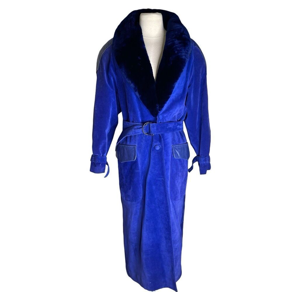 Vintage 90s Blue Suede Leather Overcoat XS Disegnatore Ermano1 Winter Fashion